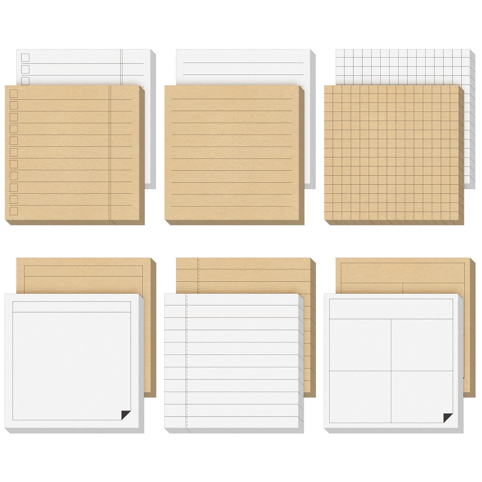 Photo 1 of 12 Pcs Lined Sticky Notes Grids Self Stick Notepads 600 Sheets 3 x 3 Inch Post Memo Pad Cute to Do List Notepad for Office Home School Supplies, Strong Adhesive, 6 Designs (Kraft Paper and White)