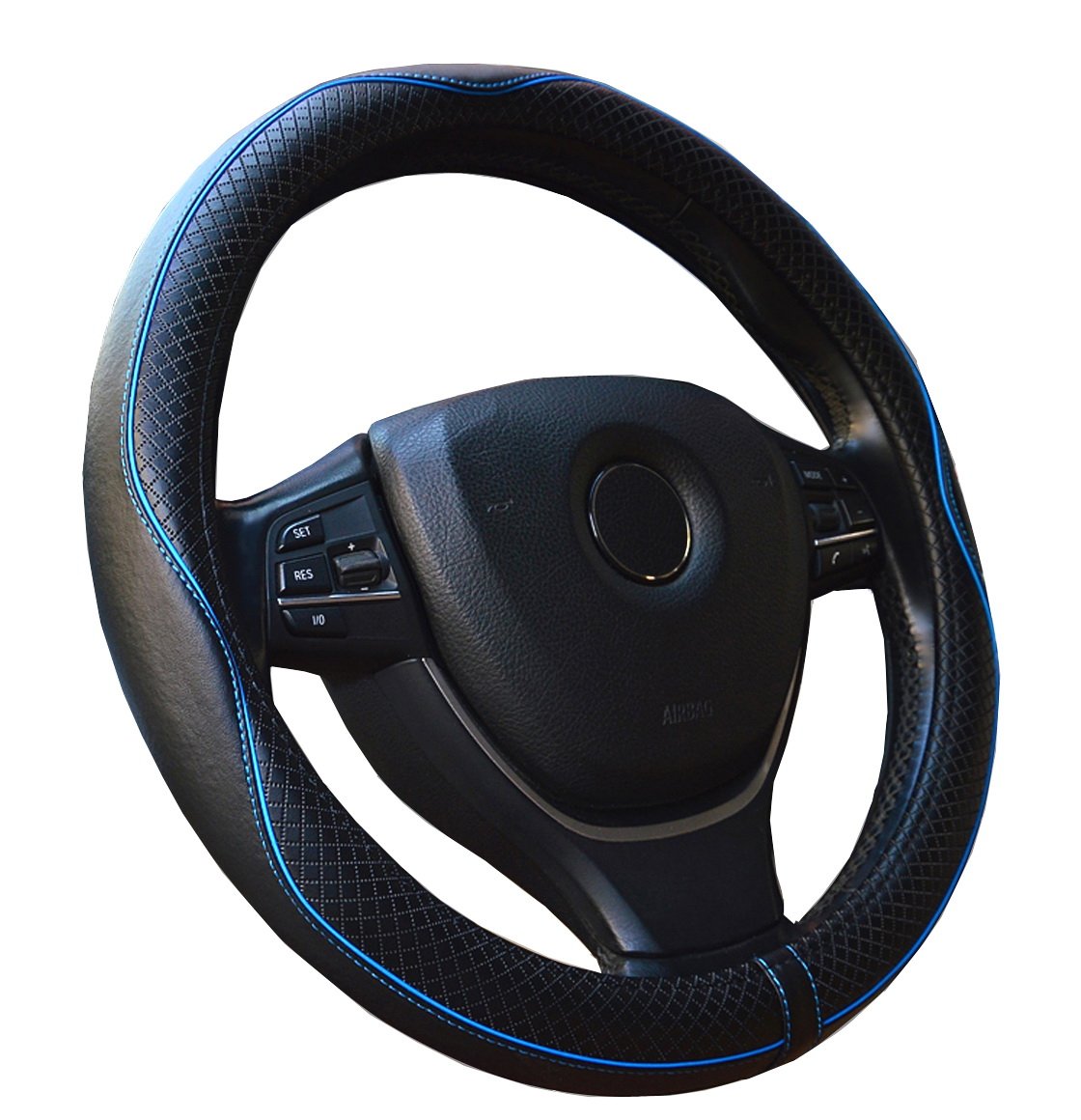 Genuine Leather Car Steering Wheel Cover - Heavy Duty, Anti-Slip Embossing Pattern ,Durable, Breathable & Odor Free, Universal 15 Inch Steering Cover (Black with Blue Line)