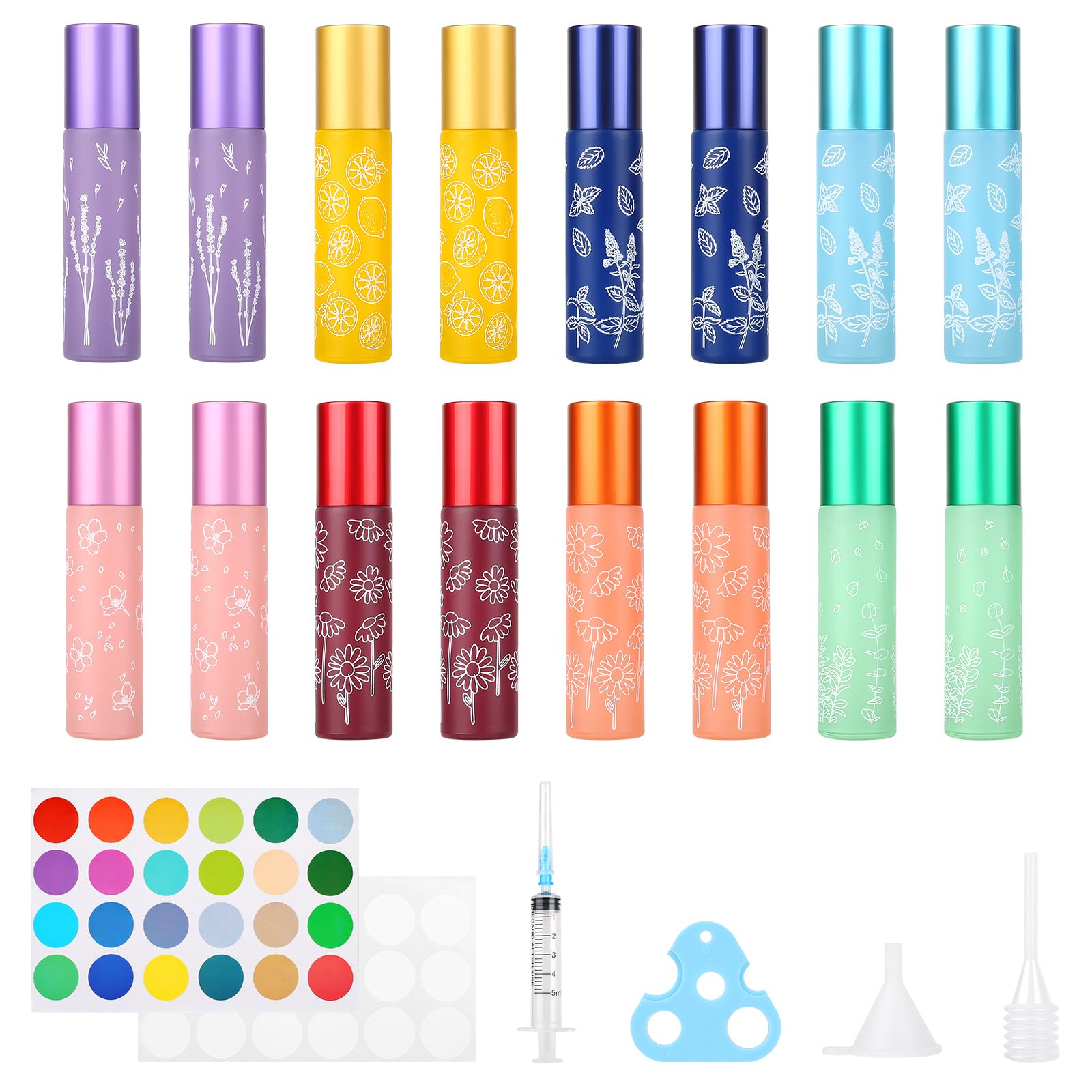 MirraSwit 16Pcs 10ml Rollerball Bottles, Glass Essential Oils Roller Bottles, 8 Color Roll with Stainless Steel Ball, Labeled Stickers, Funnel for Essential Oils, Aromatherapy, Fragrance