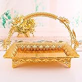 Pwshymi Serving Trays, Metal Serving Tray, Coffee Serving Tray Zinc Alloy Gold Color Vintage Carved Pattern for Bar Home Kitchen for Fruit, Cookies, Dessert, Snacks for Parties Dinner Trays