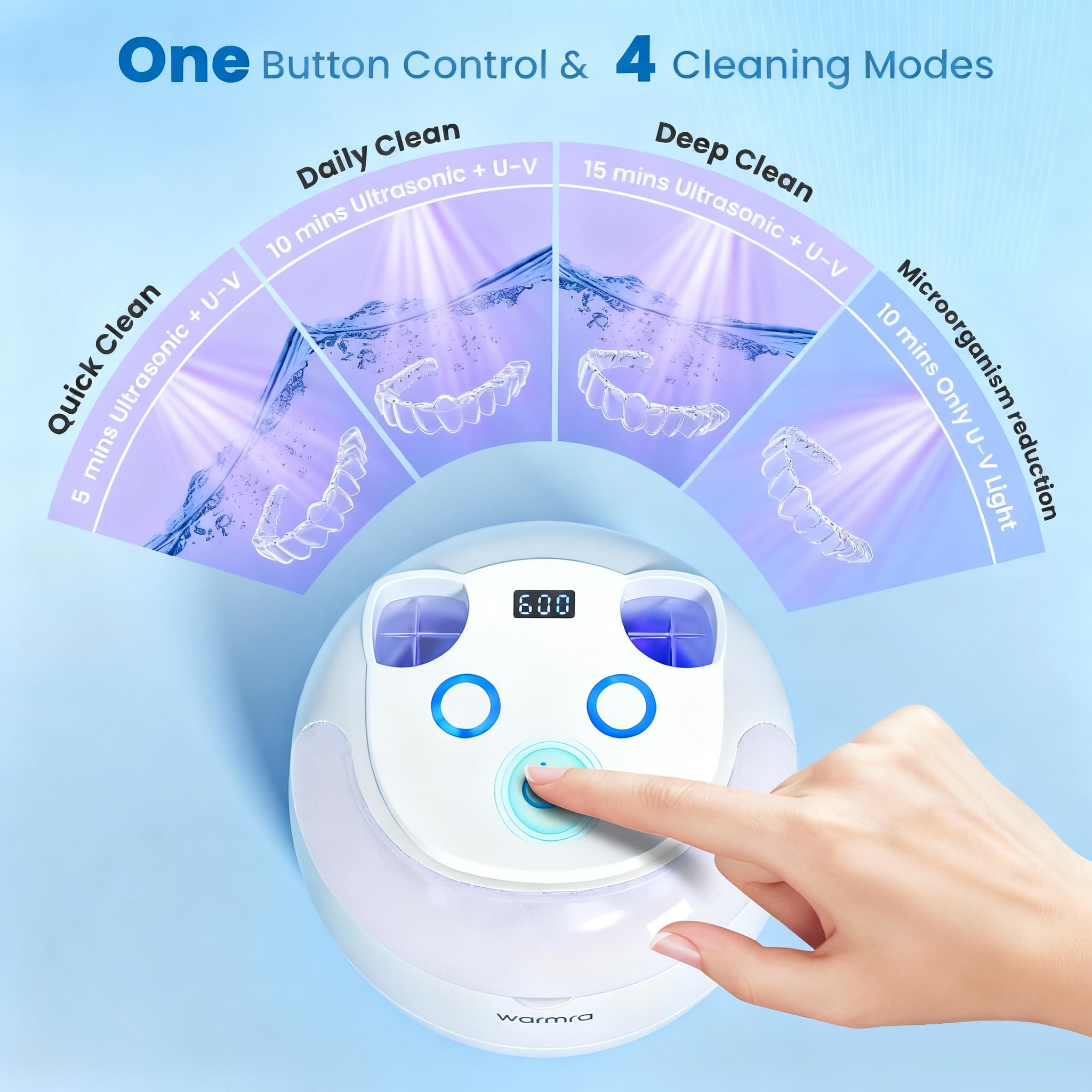 Ultrasonic Retainer Cleaner Machine, 45kHz Ultrasonic Cleaner for Dentures, U-V Light, 4 Modes for Retainer, Dentures, Aligners, Mouth Guards, Night Guards, Toothbrush Heads, Whitening Trays, Jewelry