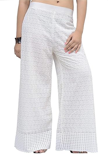 Plazzo Pants For Women White Plazo for Womens Pure Cotton Full Chikan (Free Size Waist - 30 to 40 inches, Length - 38 inches) (Off-White)