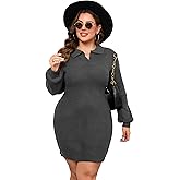 ShopWonder Women Plus Size V-neck Long Sleeve Knit Stretchable Elasticity Slim Sweater Bodycon Midi Pullover Sweater Dress