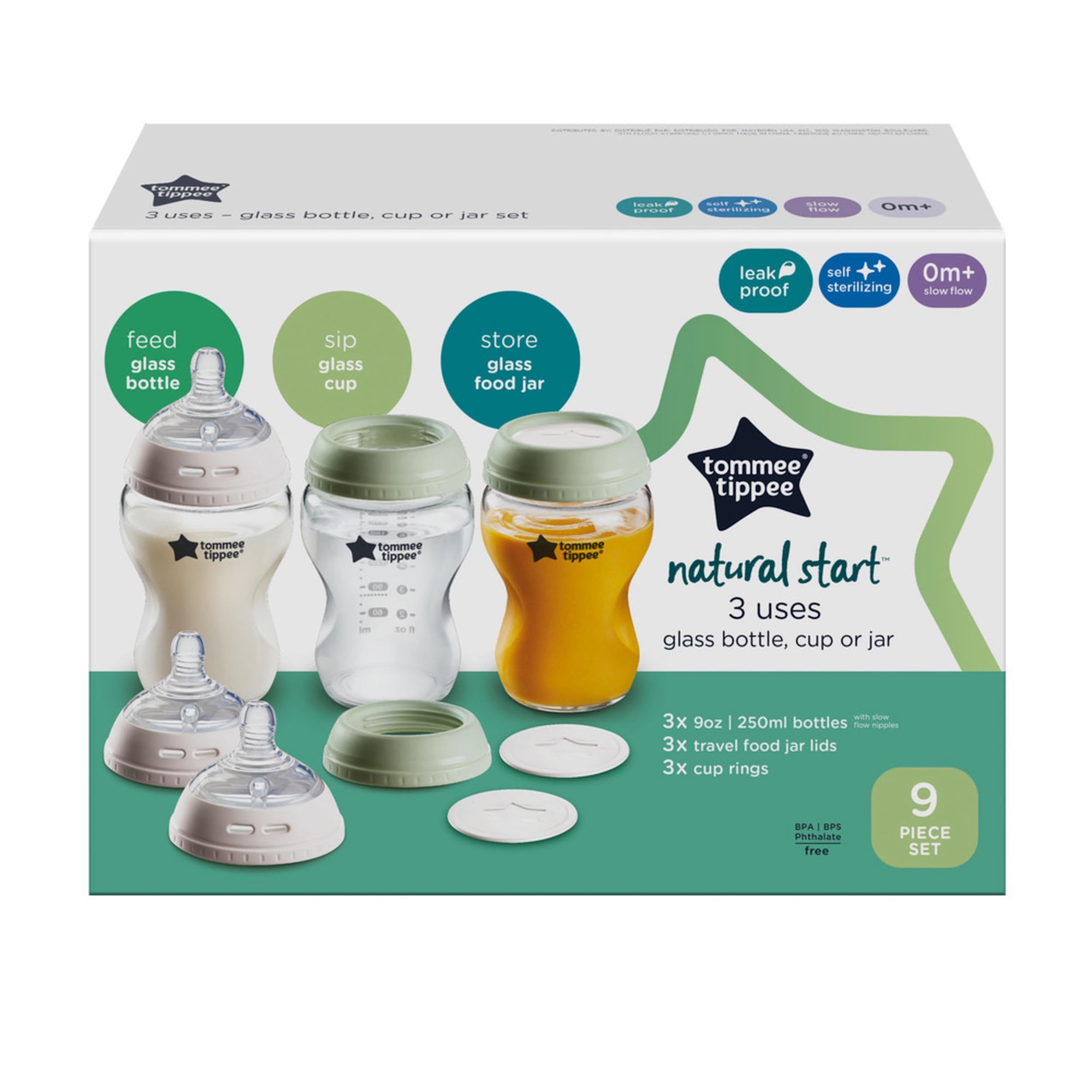 Tommee Tippee Natural Start 9 oz Glass Baby Bottles, Self Sterilizing, BPA & Phthalates Free, 0+ Months, Slow Flow Breast-Like Nipple for a Natural Latch, Travel Jar Lids, Cup Rings, Pack of 3