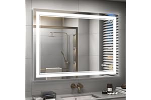 OKPAL 44" x 32" LED Bathroom Mirror, Lighted Bathroom Mirror with Lights, LED Lighted Mirror Wall Mounted, 3 Colors, Dimmable, Anti-Fog, Shatterproof, Horizontal/Vertical