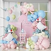 Goose Party Decorations 141pcs Macoron Pink Blue Dusty Green Balloons with Goose Pink Bow and Checked Heart Foil Balloons for Baby Shower Gender Reveal One Silly Birthday Party Supplies