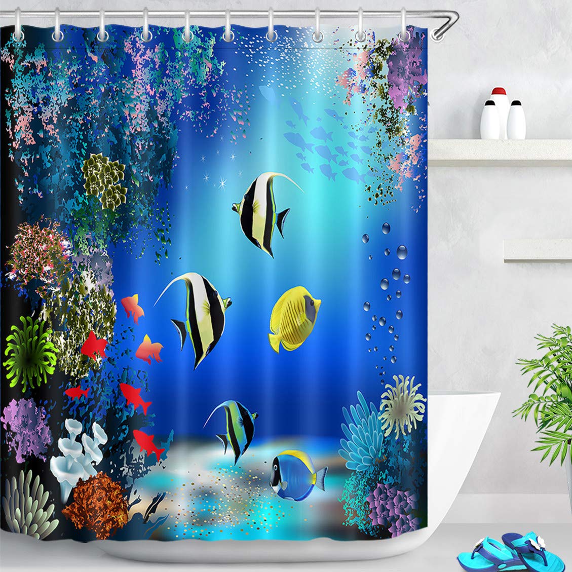 LB 59x71 inch Tropical Fish Shower Curtain for Kids Colour Coral in Blue Ocean Waterproof Anti-mold Polyester Fabric Bathroom Curtains with 10pcs Hooks,Funny Underwater World