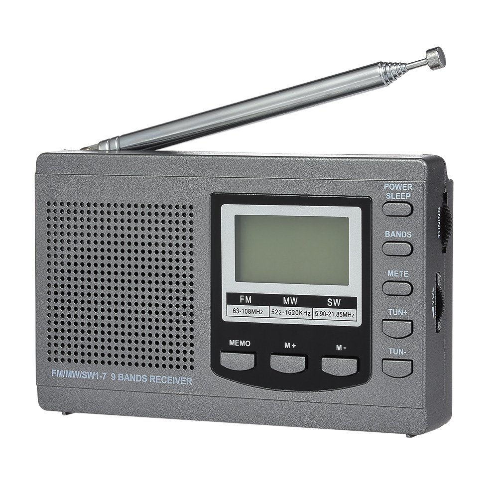 Docooler FM/AM/SW Radio Multiband Digital Stereo Radio Receiver Earphone Output Time Display Alarm Clock External Rotatable Antenna
