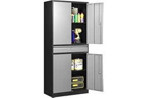 LISSIMO Metal Garage Storage Cabinet with Drawer, 71" Garage Storage Cabinet with Adjustable Shelves and 4 Doors, Lockable Lateral File Cabinet for Garage Basement (Grey&Black)