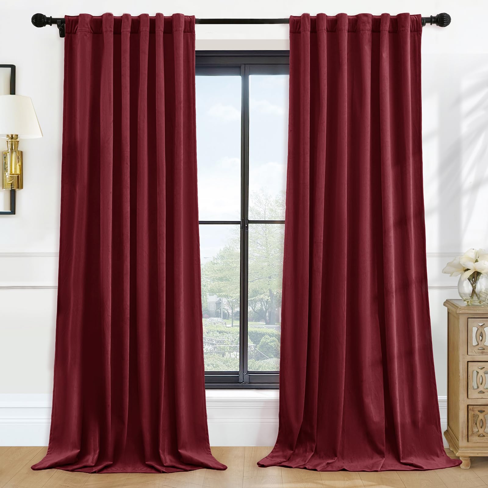 Photo 1 of P Pothuiny Blackout Velvet Curtains 108 Inches Long, 2 Panels Burgundy Velvet Drapes Rod Pocket Back Tab Design Window Thermal Insulated Curtains for Living Dining Room, Bedroom (W52 xL108)