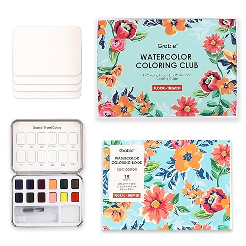 Floral-Themed Watercolor Coloring Club Box (Features a Watercolor Pocket Set with 12 Floral-Inspired Hues and 15-Sheet Coloring Book), 100% Cotton Paper Water Color Workbook for Adults