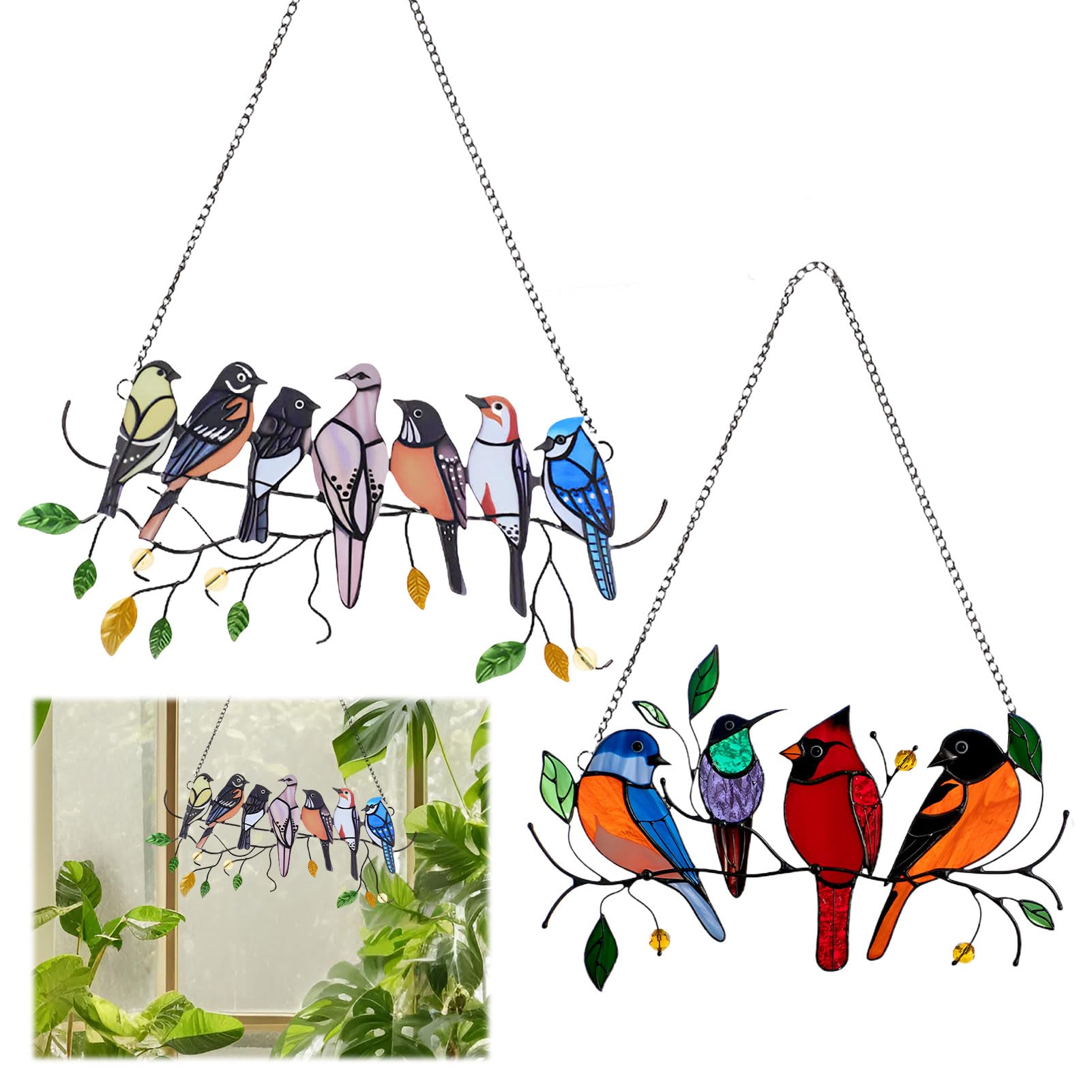 2 PCS Bird Wall Decor Garden Fence Decorations,Birds On A Wire Garden Ornaments Outdoor,Multicolor Birds on a Wire Window Suncatchers Hanging Ornament, for Outdoor Garden Home Window Fence Decorations