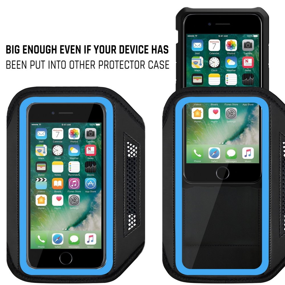 LOVPHONE Man/Women Running Sport Armband for iPhone 7/8 Plus Suitable for Gym Workout w/Kickstand Key Bag Earbuds Holder Card Slot Case, Water Resistant (Blue)