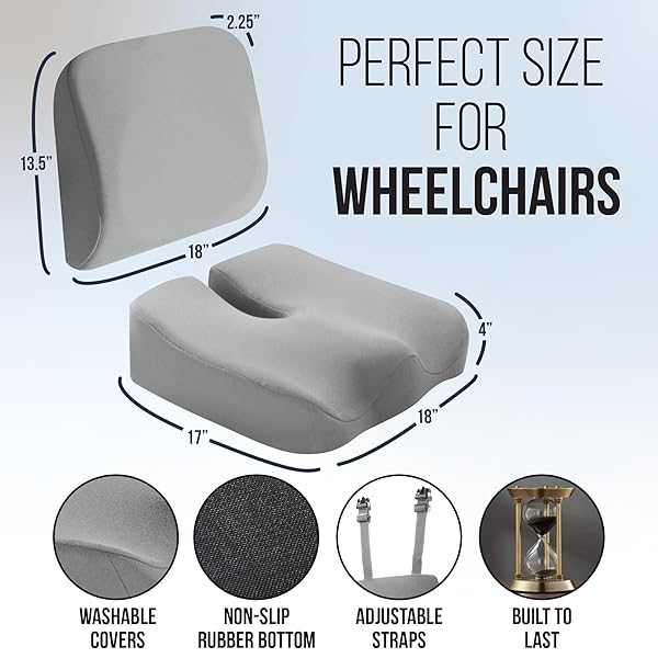 ELMARA DOCTOR-DESIGNED WHEELCHAIR SEAT CUSHION SET – THE ULTIMATE COMFORT SOLUTION – THICK WHEELCHAIR CUSHIONS RELIEVE BACK & SCIATICA PAIN – WHEEL CHAIR CUSHIONS FOR SENIORS, WHEELCHAIR PAD (GRAY)
