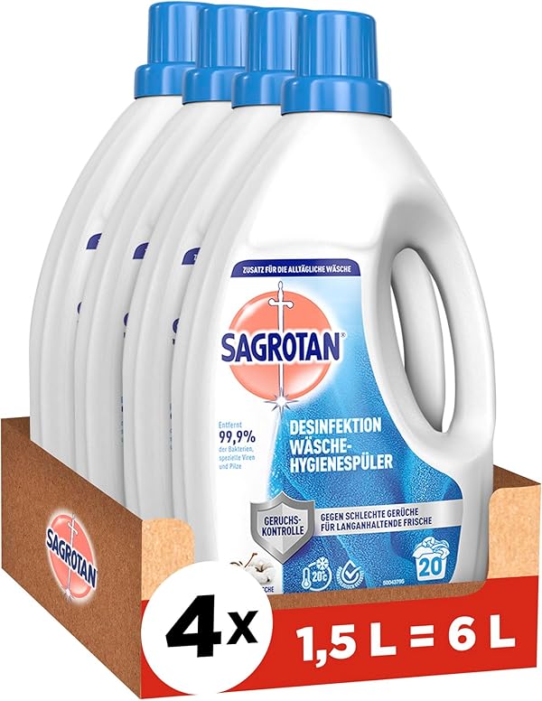 Sagrotan Wäsche-Hygienespüler Himmelsfrische – Desinfektionsspüler für hygienisch saubere und frische Wäsche – 4 x 1,5 l Reiniger im praktischen Vorteilspack