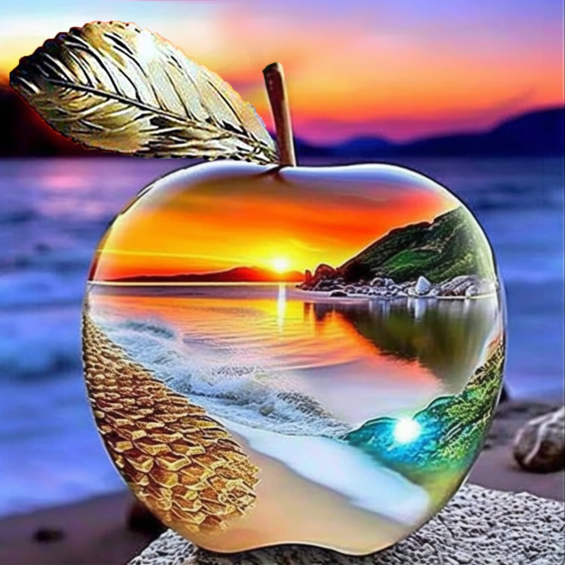 VAIIEYO 5D Diamond Painting Kits Apple Sunset, Beach Landscape, Luxury Diamonds, 35x35 cm, 3+ Years, Unisex, DIY Craft Kit