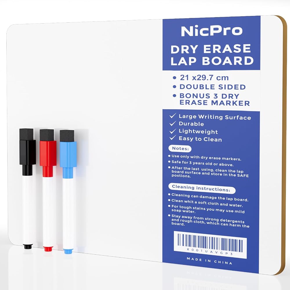 Nicpro Dry Erase Mini Whiteboard A4 Double Sided with 3 Pens