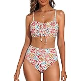 Herseas Women's Floral Print Bikini Sets Lace Up Front 2 Piece High Wasited Swimsuits Ruched Ruffle Trim Bathing Suit