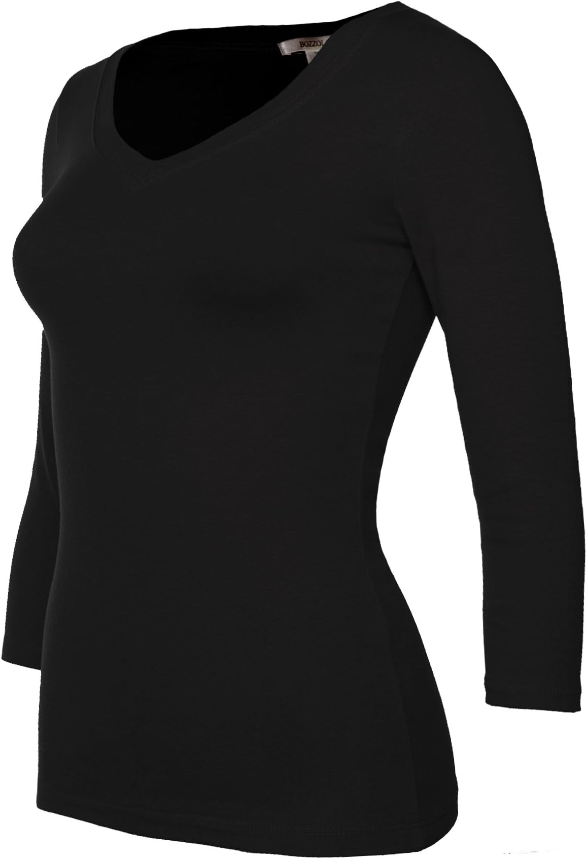 Bozzolo Women's 3/4 Long Sleeve V Neck Plain Basic Style Top Black