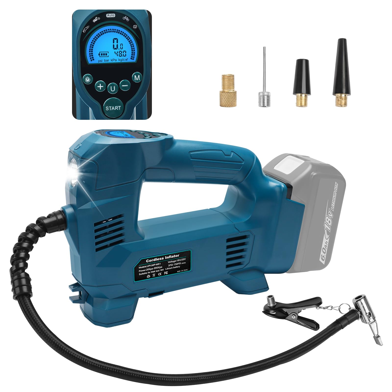 Powarobor 18V Akku Kompressor Kompatibel mit Makita 18V Akkus,10.34 bar Akku Autokompressor/kabellos Luftpumpe für Fahrrad/Auto/Motorrad 150PSI, Automatisch Stop,LED Lampe (ohne Akku, ohne Ladegerät)