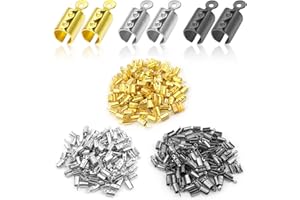 OUBAKA 300 Pieces Fold Over Crimp Caps Stainless Steel Crimps Ends Fold Over Cord Ends Leather Ribbon Ending Clasp Tips Jewelry Connector for Bracelets Leather Jewelry Making(3 Colors)
