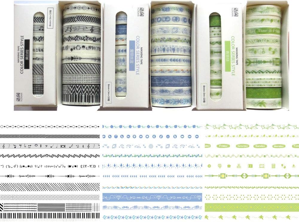 DzdzCrafts Black White Blue Green 30 Rolls Decorative Washi Tapes Set for Scrapbooking Dairy Planner Album (8mm Wide x 3M)