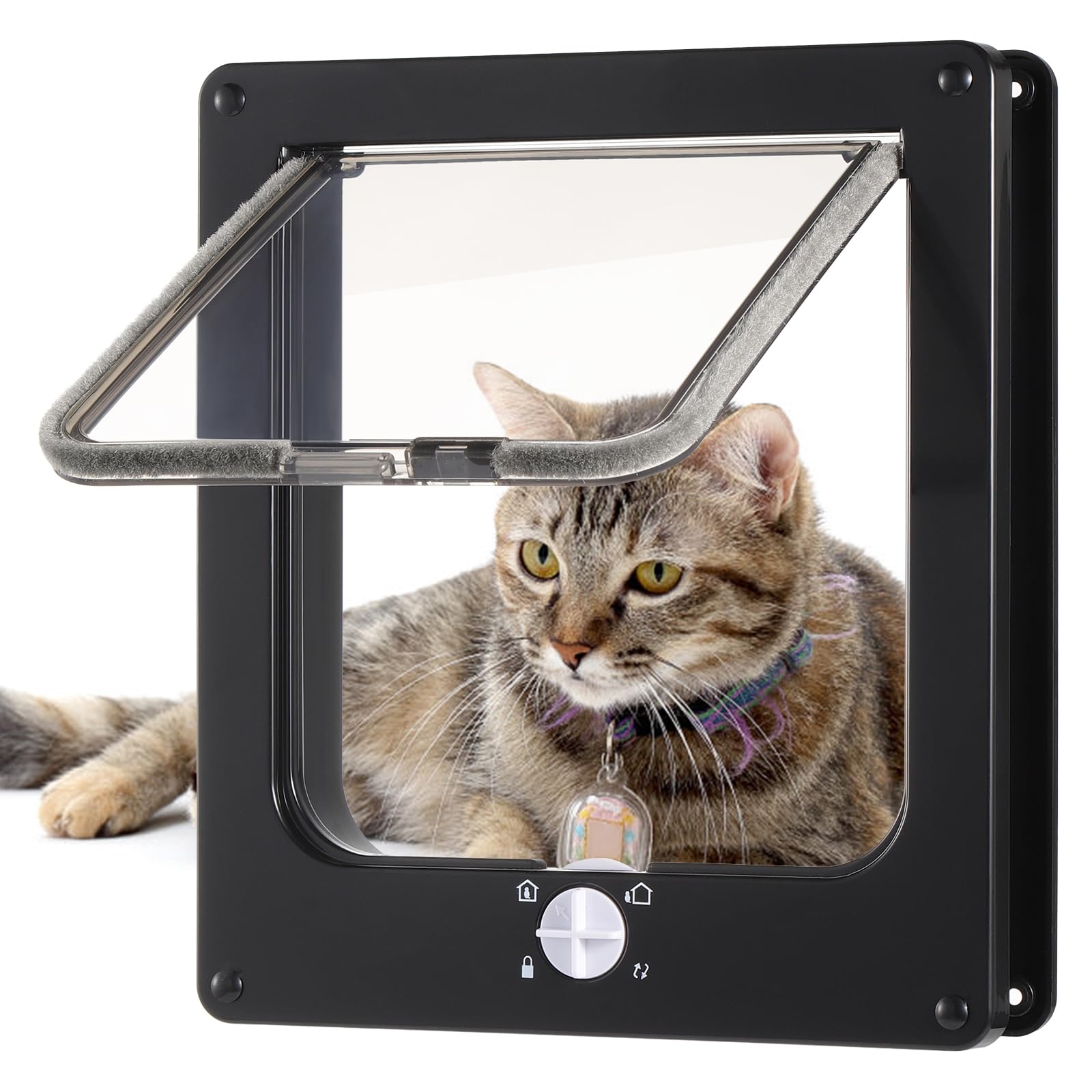 Roxanex Cat Door Large 19.5cm x 18cm Flap Easy to Fit, 4 Way Locking with Magnet Safety Pet Door, Weatherproof Cat Flap for Interior Exterior Wood UPVC Door Wall, Black