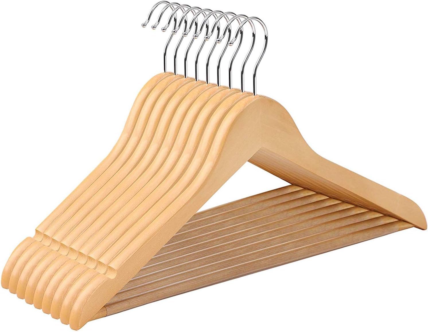 SONGMICS 10 pieces Wooden Clothes Hangers, edges with NonSlip bar 360