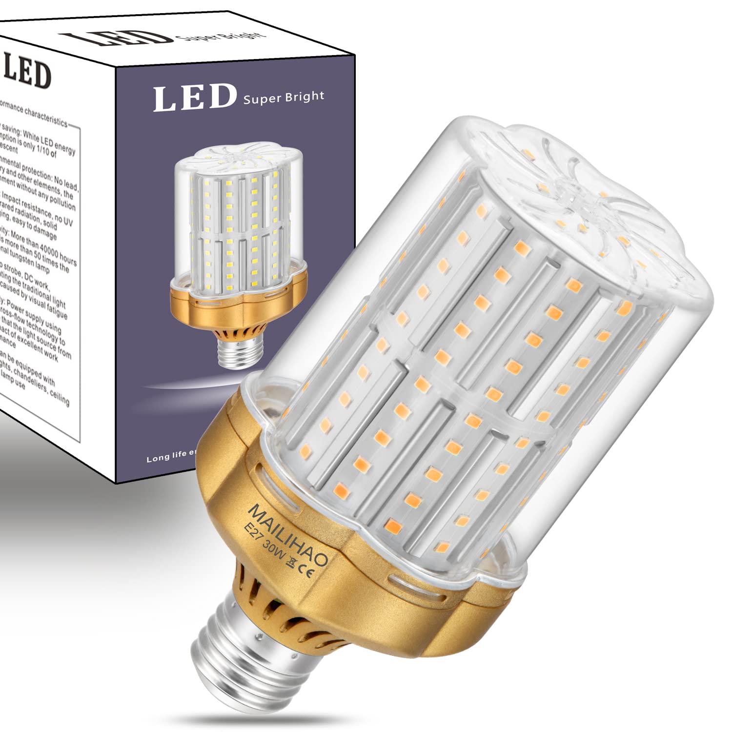 MAILIHAO 1 Pieces LED Bulb E27 30W,Warm White 3000K(Equivalent to 250W Halogen Lamp) 3500LM High Brightness and Energy Saving Non Dimmable