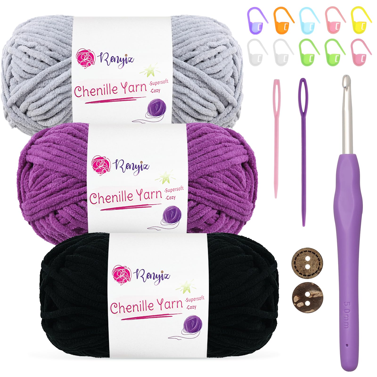 Renyiz Chunky Chenille Yarn for Crochet Fluffy Yarn for Baby Blanket 3x50g Soft Fluffy Wool with 5mm Crochet Hook Amigurumi Crochet Yarn for Beginners (Grey-3) — image 1