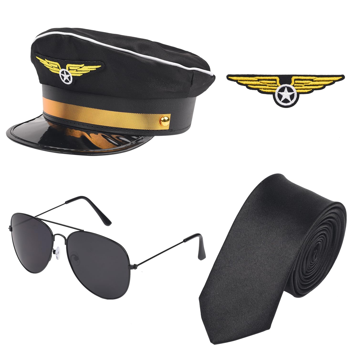 NAUZE 4 Pieces Halloween Pilot Costume Set Aviator Hat Badge Tie Glasses Airline Captain Fancy Dress Costume Accessory