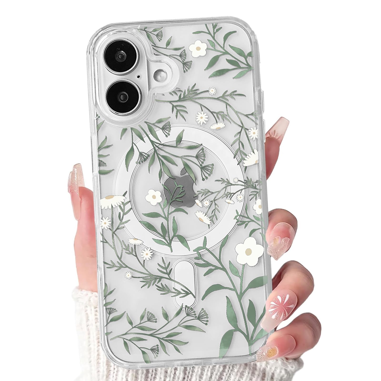 Lovmooful Magnetic Compatible for iPhone 17 Case Compatible for MagSafe Cute Clear Flower Floral with Aesthetic Design for Girls Women Soft TPU+PC Shockproof Protective Girly-Green Leaves