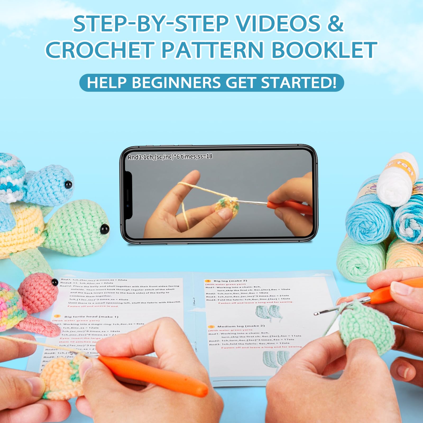 Crochetta Crochet Kit for Beginners, Beginner Crochet Kit for Adults with Step-by-Step Video Tutorials, DIY Crochet Animal Kits Kids Knitting Supplies, 3 Pack Turtle Family (40%+ Yarn)