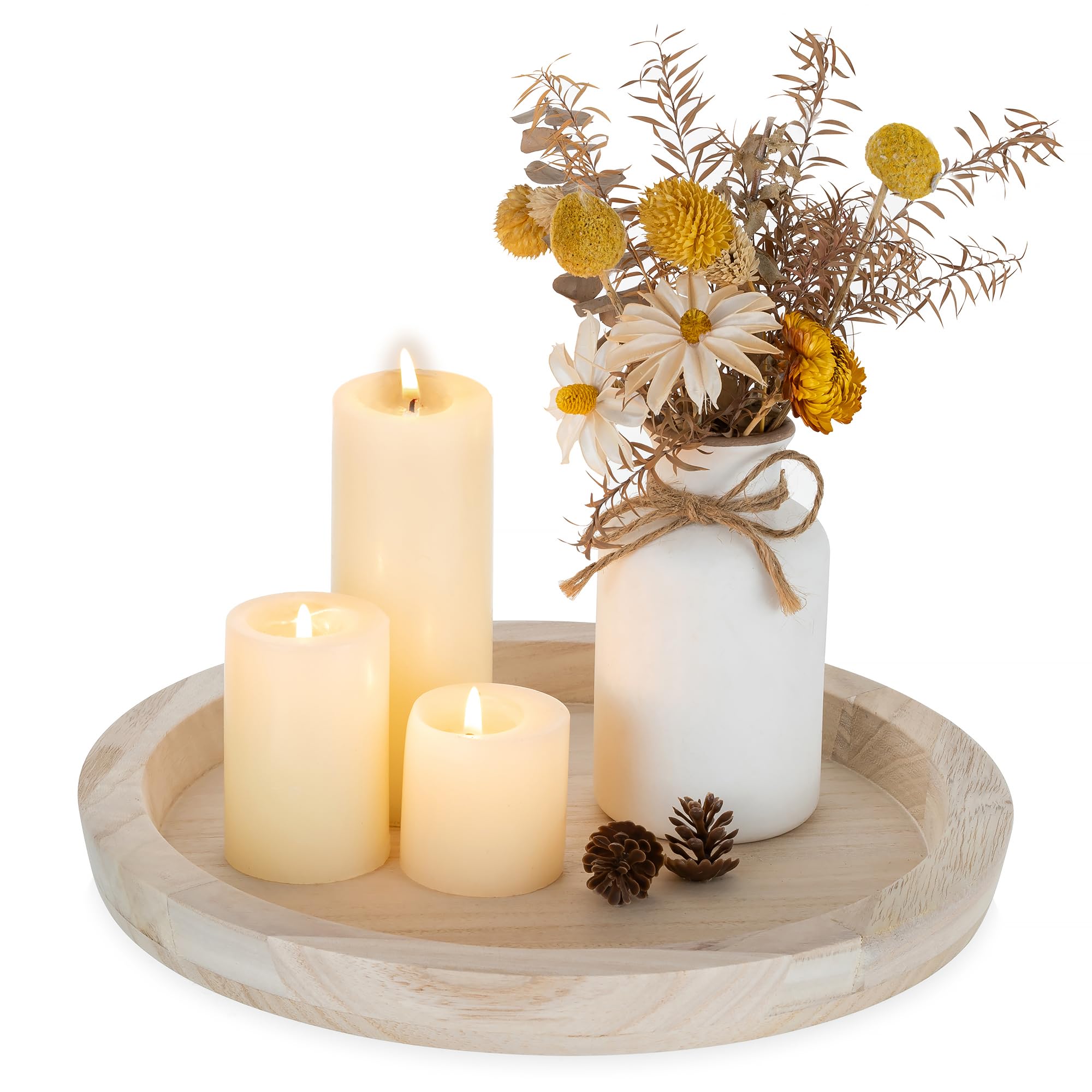 Romadedi Round Wooden Serving Platters- Wood Decorative Table Tray Rustic Candle Plate for Pillar Candles Dining Coffee Table Centerpiece Kitchen Accessories House Home Decor Bathroom,28.5cm