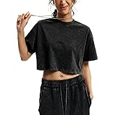 Yimoon Cropped T Shirts for Women Vintage Acid Wash Tees Short Sleeve Cotton Crop Top