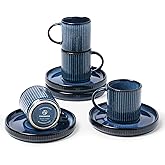 famiware Star Espresso Cups and Saucers Set of 4, [ Mini ] 3 oz Ceramic Small Coffee Mug with Handle, Ribbed Stoneware Demitasse Cup for Tea, Latte - Microwave & Dishwasher Safe - Nebulas Blue
