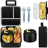 MAISON HUIS Bento Lunch Box with 8oz Soup Thermo, 5-Compartment Leak-Proof Container, Thermo Hot Food Jar and Insulated Lunch Bag, BPA Free,Travel, School (Black)