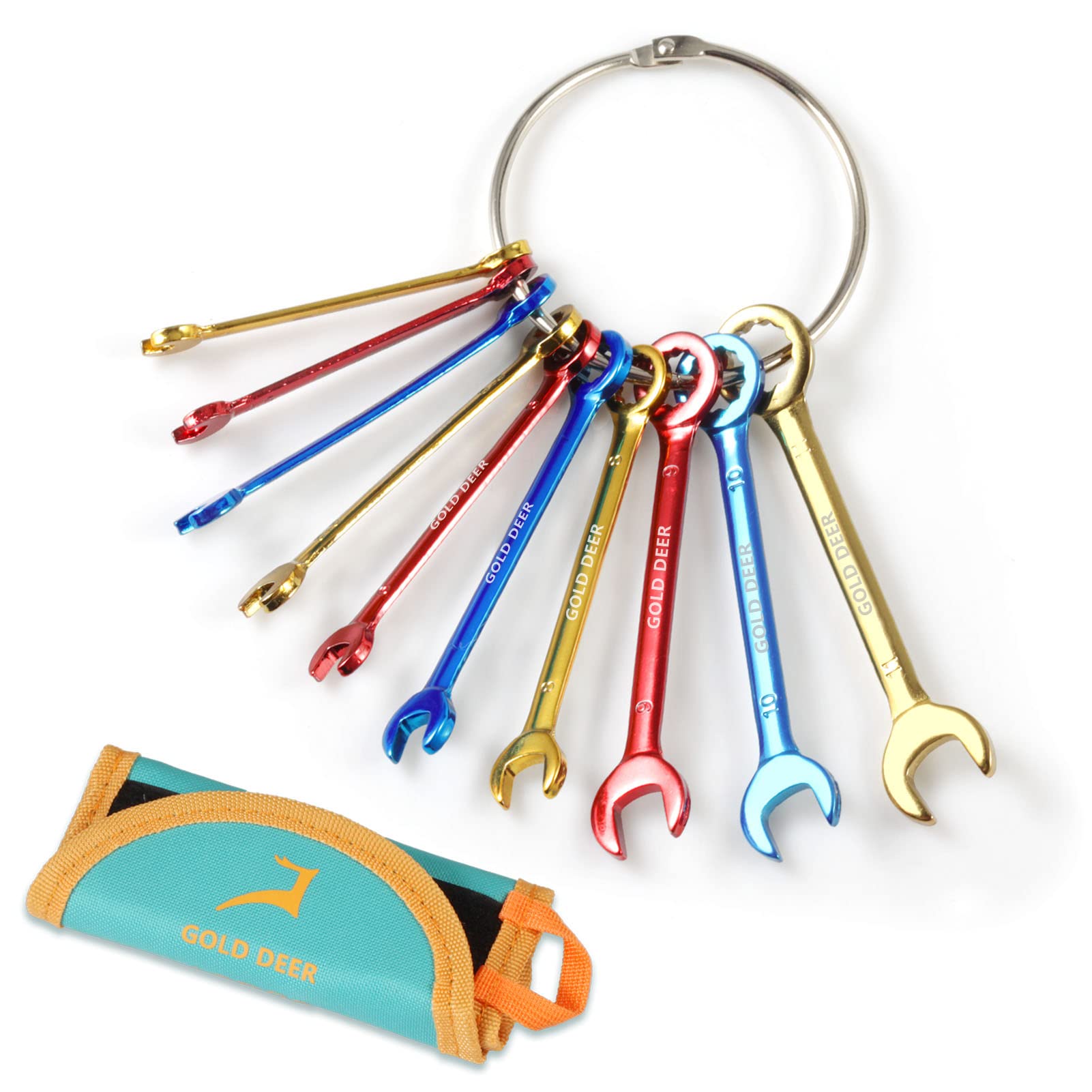 GOLD DEER 10-Piece Color Plated Small Wrench Combination Set 4-11mm - Extra Slim Mini Spanners With Open and Box End Ignition - Roll Pouch and Big Ring