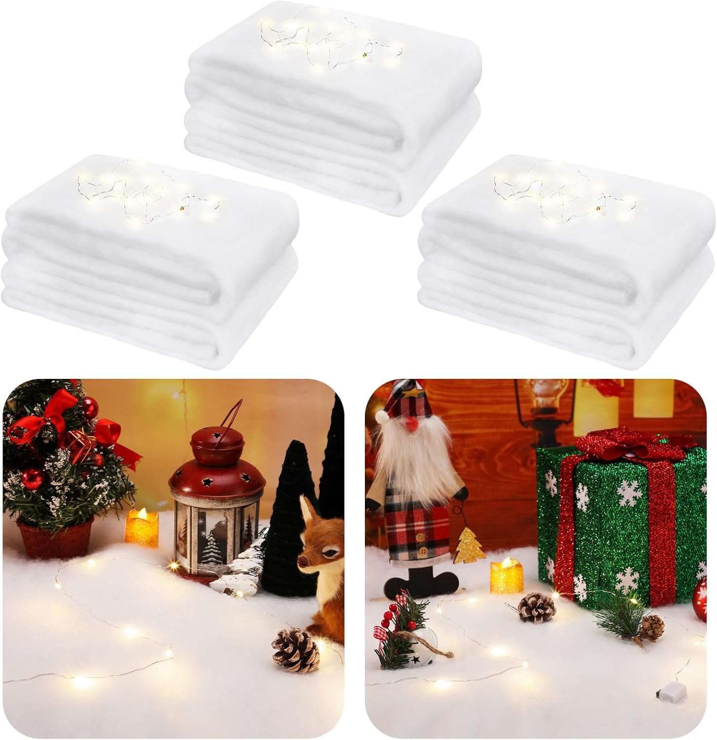 Artificial Snow - Ferraycle 3 Pcs Christmas Fake Snow Blankets with Lights Snow Blanket Roll Fake Snow Decoration Fake Snow Artificial Blankets for Christmas Backdrop Decorations Carpet (15.4 x 10.2 Inch)