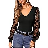 WDIRARA Women's Solid Lace Long Sleeve V Neck Top Slim Fit T Shirts