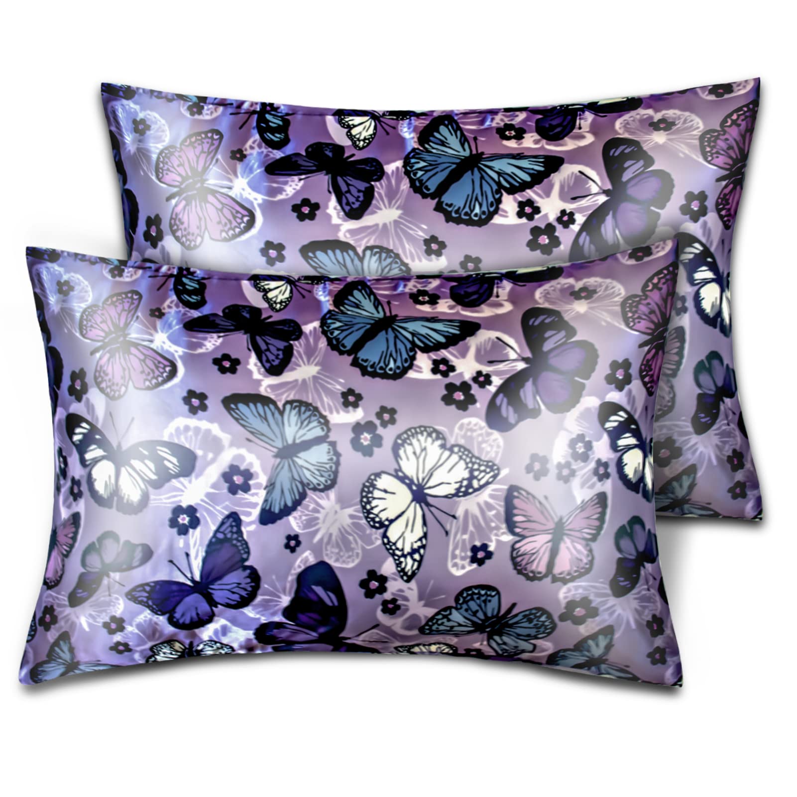 Photo 1 of Silk Satin Pillowcase for Hair and Skin Soft Satin Pillow Cases Standard Size Pack of 2, Wrinkle, Fade-Resistant with Envelope Closure (20’’x26’’, Purple, Butterflies & Flower)