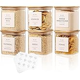 6 Pack Square Glass Pantry Storage Containers with 132 Kitchen Food Pantry Labels - 24 floz Clear Glass Pantry Jars with Airtight Wood Bamboo Lids - Glass Canisters for Sugar, Cereal, Coffee, Spice