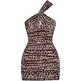 Floerns Women's Cheetah Cut Out Mini Dress Ruched One Shoulder Night Out Bodycon Dresses