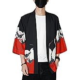 PRIJOUHE Kimono For Men Japanese Style Kimono Robe Jacket Lightweight Open Front Cardigan Seven Sleeve Yukata Coat