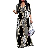 PinkPatty Women's Print Maxi Dresses 3/4 Sleeve Flowy Long Dress V Neck Wrap Tie Waist Sundress