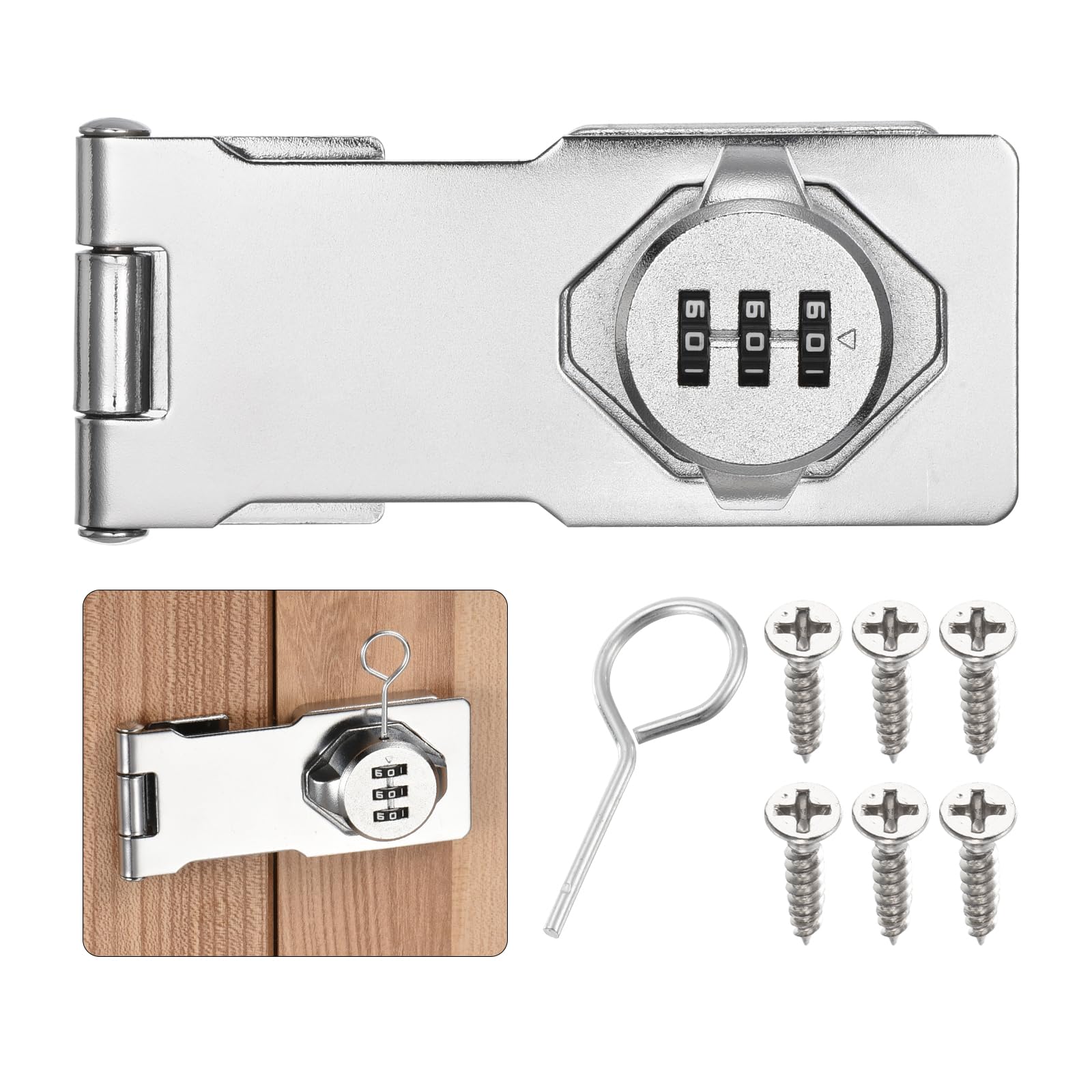 uxcell Password Hasp Locks, Cabinet Door Combination Lock, Barn Door Lock Latch for Small Doors, Cabinets, Barn Door, Bathroom, Outdoor, Etc, Silver