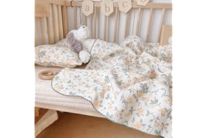 BuLuTu Large Nursery Crib Quilt Blanket Cotton Muslin Cradle Floral Baby Blankets for Kids Reversible Summer Quilt with Begonia Pattern for Boys Girls Soft Skin Friendly,Lightweight 1 Pack,47x51’’