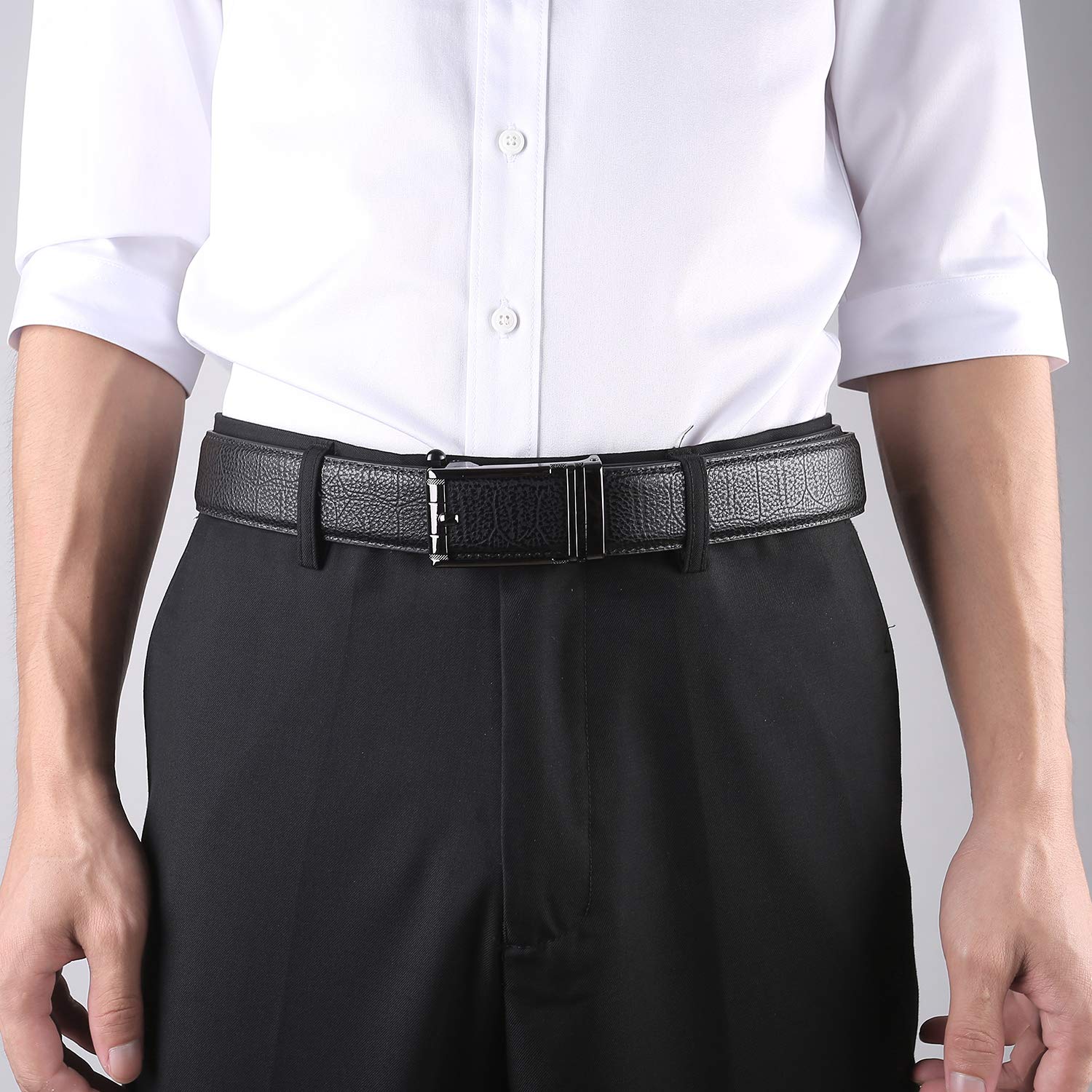 ZHENGYUN Men Adjustable Black Leather Belt, Work Belt, Slide Ratchet Automatic Click Buckle Dress Belts for Jeans Pants Black I M(125CM)