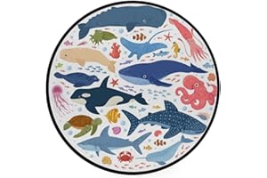 Vantaso Kids Round Nursery Area Rug Ocean Animals Whale Dolphin Shark 5 Ft Non Skid for Children's Bedroom Playing Room