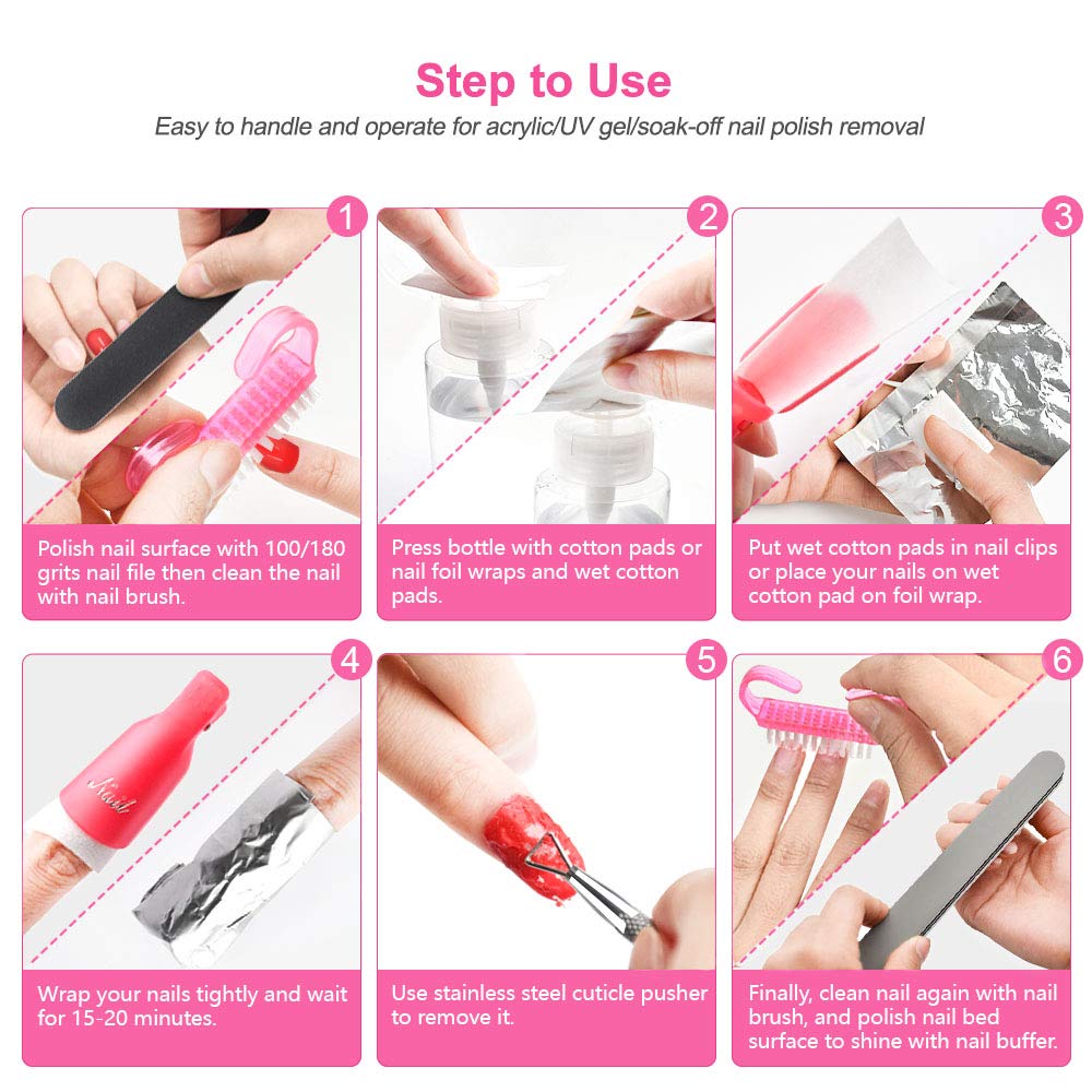 Gel Nail Polish Remover Kit for Acrylic/UV Gel/Soak-Off Polish Removal, Nail Clips to Remove Polish Set with Cotton Pads/Acetone Pump Dispenser/Nail Foil Wraps/Cuticle Pusher/Nail Files/Cleaner Brush : Beauty